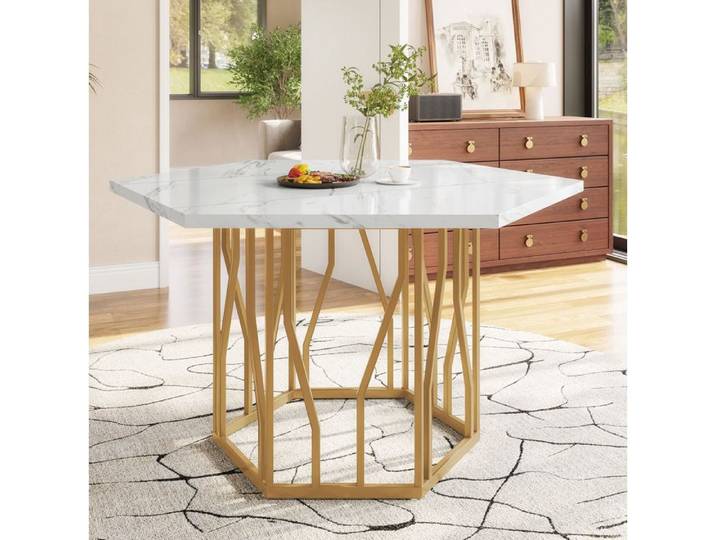 Table à manger hexagonale – MDF aspect marbre – piètement métallique doré – blanc