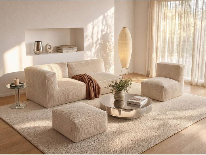 Sofa mit Sessel & Hocker - beliebig kombinierbar - Cord - Beige - NOUMARA
