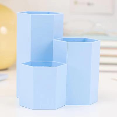 Multifunctional Desktop Storage Box Three grid Pen Holder Makeup Brush Stationery blue