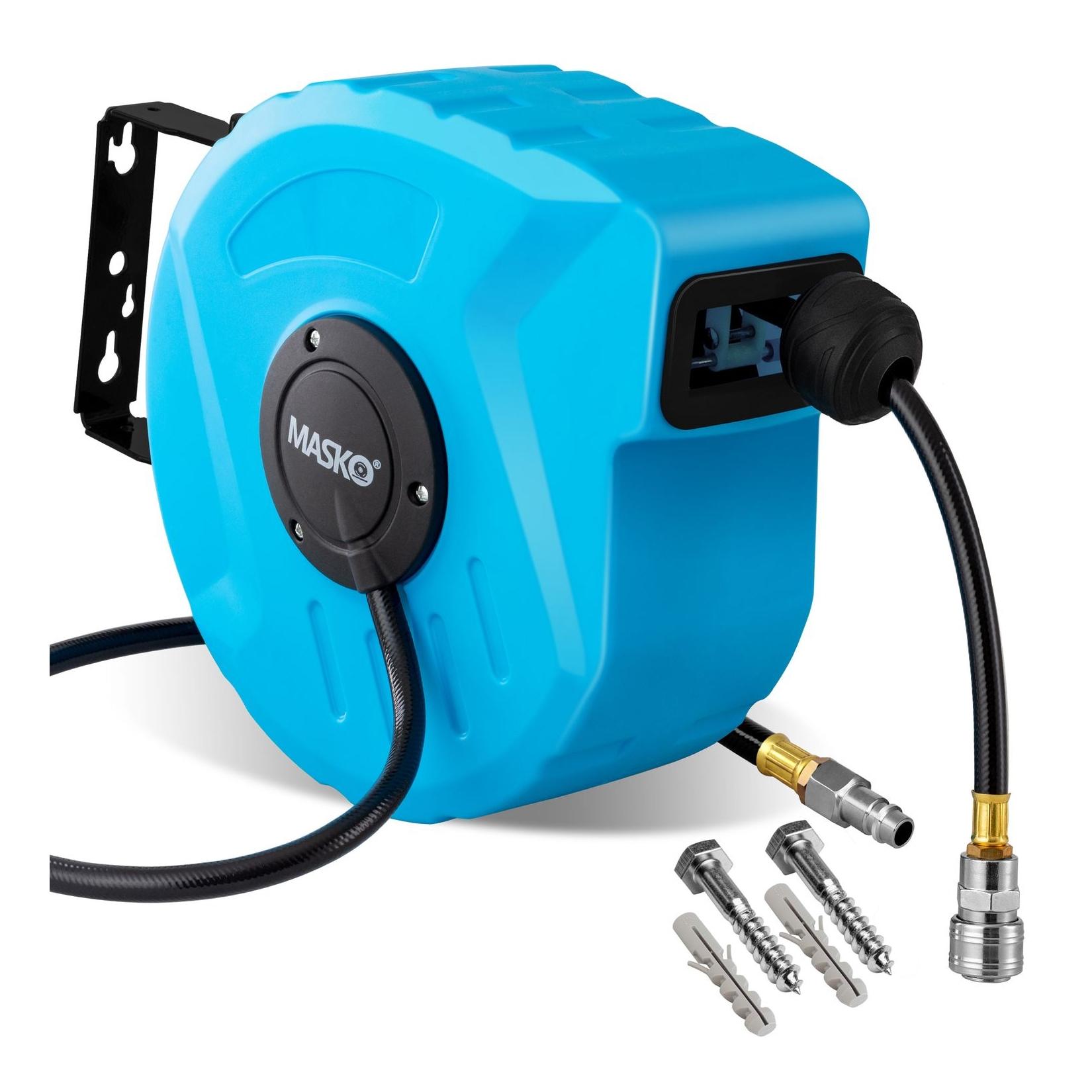 MASKO® Automatik Druckluftschlauch Aufroller – Schlauchtrommel mit 1/4" Anschluss, Schlauchaufroller, Wandhalterung, Tragegriff, 180° schwenkbar, Schlauchbremse, vormontiert & sofort einsatzbereit