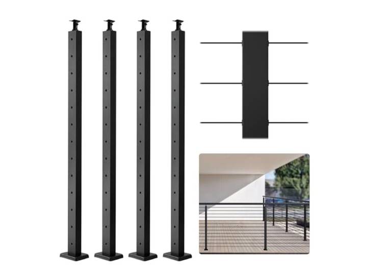 VEVOR Set van 4 balustrade palen, 107 x 2,54 x 5 cm, met horizontale gaten, 12 voorgeboorde gaten, SUS304 roestvrijstalen palen met horizontale en gebogen houder, zwart