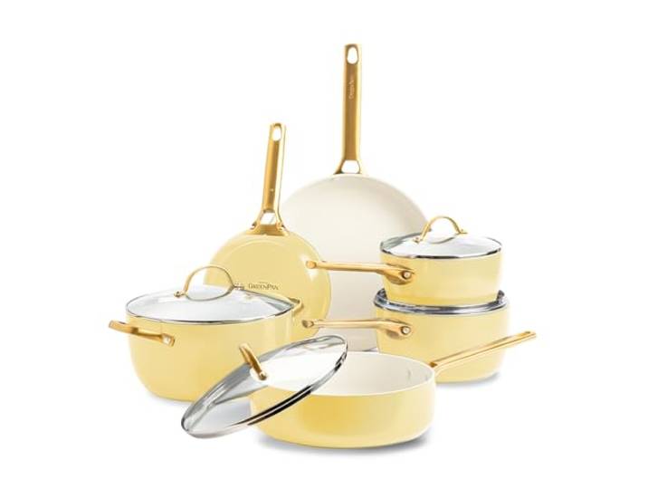 GreenPan Reserve Harteloxiertes Gesundes Keramische Antihaft-Kochgeschirr Set,10 Teile,Inklusive Bratpfannen Sautierpfanne und Kochtopf,Goldgriff,PFAS-frei,Induktion,Backofenfest,Gelb