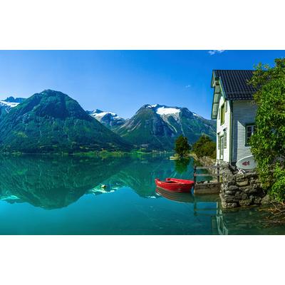 Fototapete PAPERMOON "Photo-Art CHRISTER OLSEN, HAUS AM GLETSCHERSEE", bunt, B:4m L:2,6m, Vlies, Tapeten