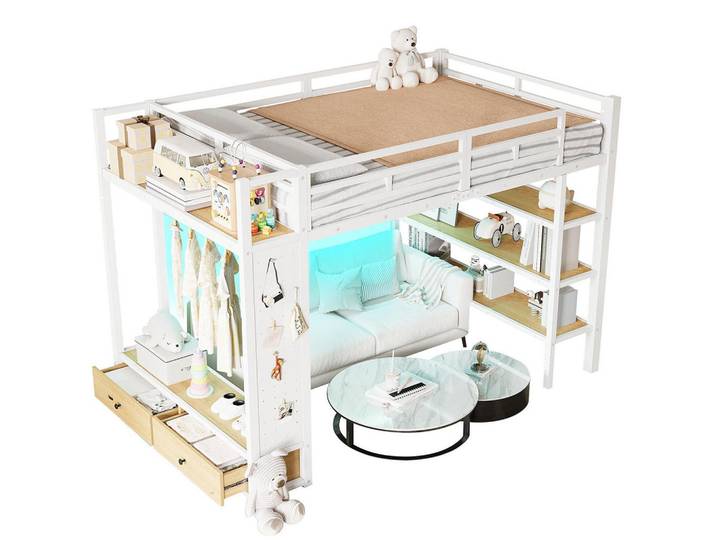 Komhtom Hochbett 140x200 cm mit offenem Kleiderschrank, Lochwand und LED-Beleuchtung, Weiß, Metall, Mode, 140x200 cm, Babymöbel & Kindermöbel, Kinderzimmer & Jugendzimmer, Kinderbetten, Hochbetten