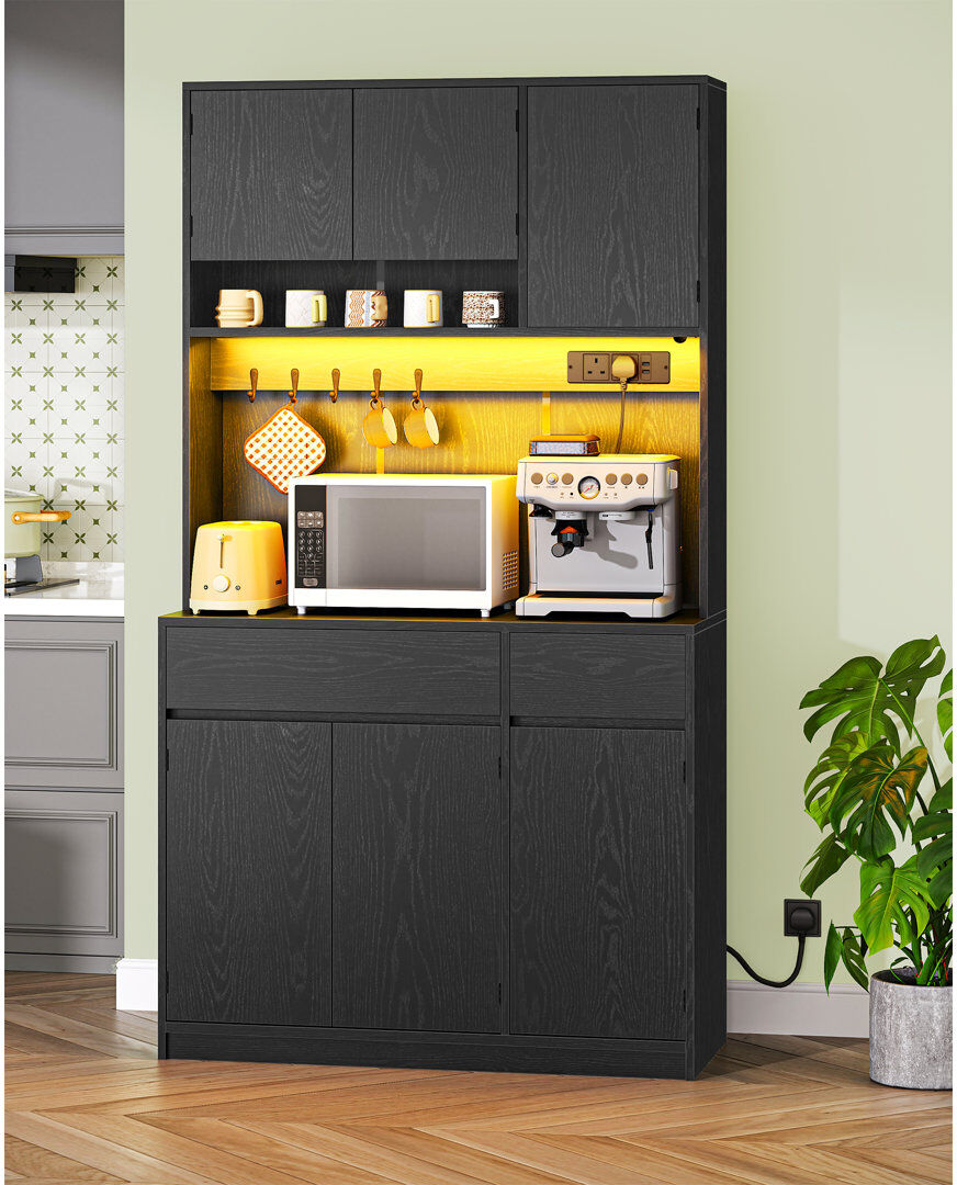 Hzuaneri Kitchen Cupboard with LED & Power Outlet, 180cm Tall Kitchen Cabinet with Countertop & 2 Drawers, Sideboard Storage Cabinet Adjustable Shelves, Dining Natural 100cm W X 180cm H X 40cm D