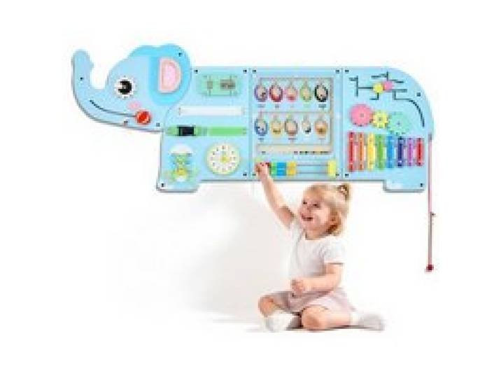 VEVOR Montessori Busy Board 14-in-1 Sensorisches Wandmotorikbrett Elefant, Beschäftigungsbrett zur Bildung & Frühe Entwicklung für Kinder, aus MDF-Platten, mit Xylophon Uhr Zahnrädern & Lernelementen