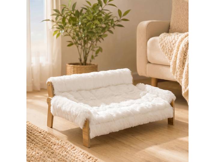 PawHut Canapé Chien Bois Surélevé 70x47x30cm Coussin Blanc