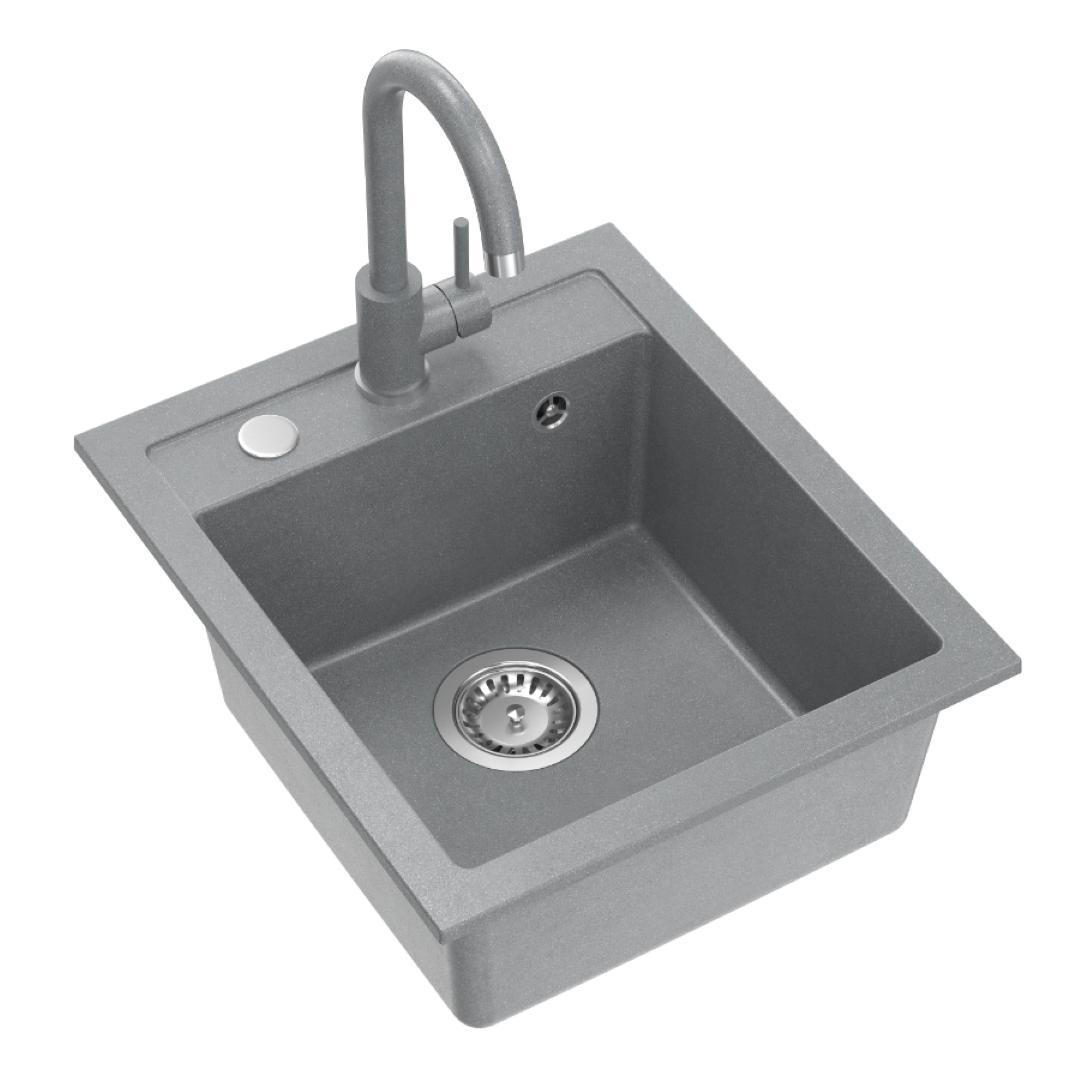 QUADRON Spülbecken Granitspüle Küche | Größe: 43x50x20 cm, Farbe: Silver Stone | JOHNNY 100 Küchenspüle Einbeckenspüle Set: Granitspüle + Küchenarmatur + manuell Siphon