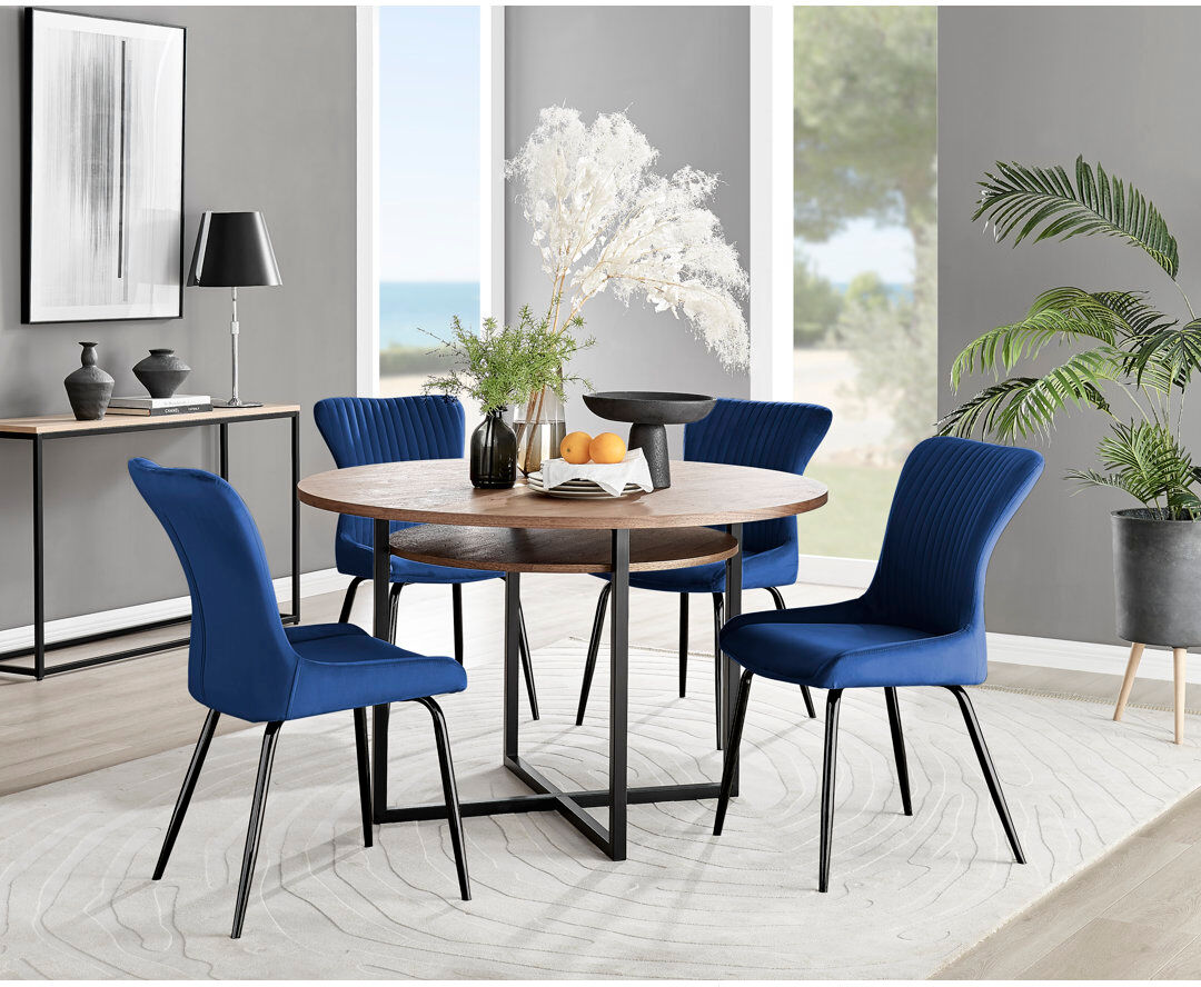 Canora Grey Round Wood Effect Dining Table With Storage Shelf & 4 Velvet Dining Chairs Blue/Black 4