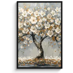 POSTER MIT RAHMEN Baum - Blumen - Weiß - Natur - Kunst Bilderleiste 80x120 cm