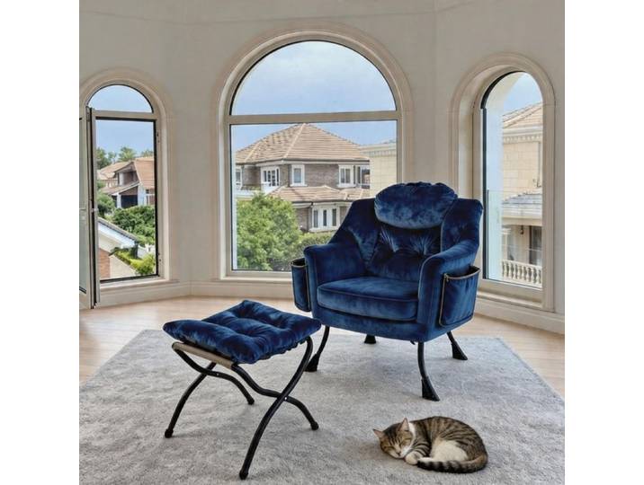 Fauteuil relax - Lounge TV - Repose-pieds convertible - Poche latérale - Bleu foncé
