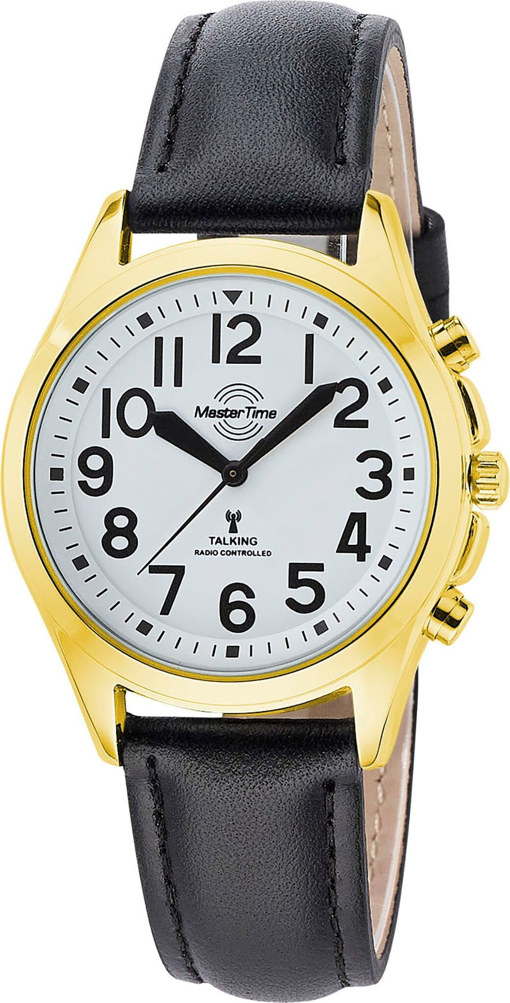 Funkuhr MASTER TIME "Sprechende Funkuhr", schwarz (schwarz, weiß), Armbanduhren, Damen, goldfarben, Funkuhr, Quarzuhr, Armbanduhr, Damenuhr, Lederarmband, analog