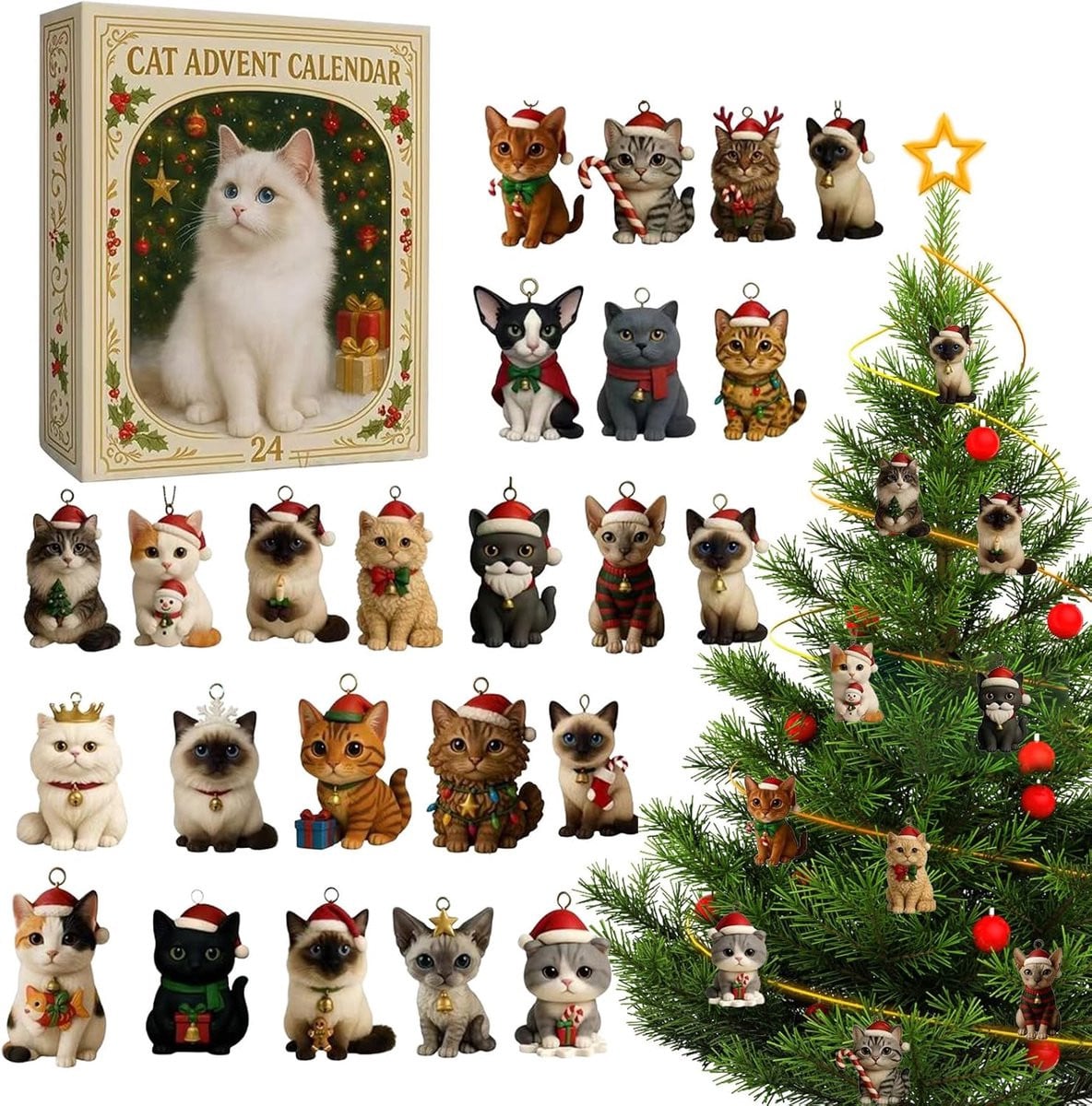 Kattenliefhebber Adventkalender 2025 - 24 Daags Kerstkalender met 2D Acryl Katten Hangornamenten voor Muur en Kerstboom