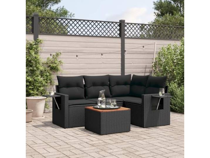 POUFGDR Gartenmöbel, 5-teilig, Schwarz, Kunstharz, geflochten, mit Kissen Klappbarer Beistelltisch, Oberseite aus Akazienholz, abnehmbare Bezüge, modulares Design