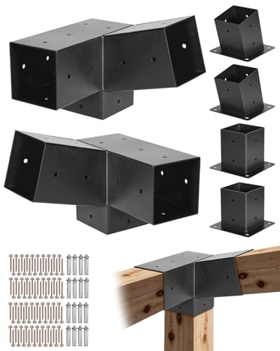 VEVOR Pergolaset 3-weg schuine beugels voor houten balken van 8,5 x 10 cm, 2-pack met paalbodems en wandmontagebodems voor buitenpergola's