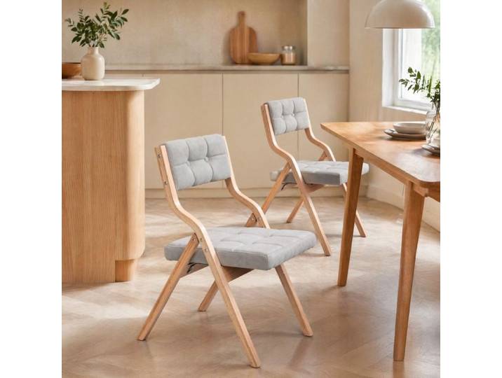 Chaise pliante avec coussin HOMEFUN – lot de 2 – bois et tissu gris – livrée montée