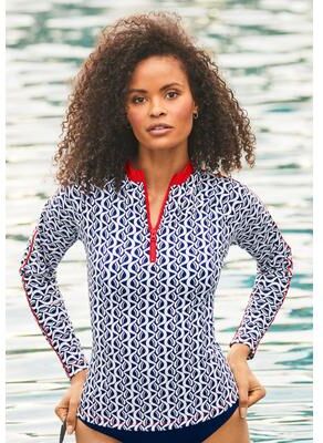 Plus Size Women's Chlorine Resistant Long Sleeve 1/4 Zip Swim Tee Rash Guard by Swimsuits For All in Coastal Cool (Size 20)