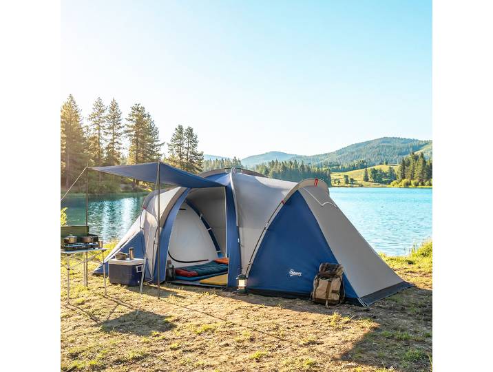 Outsunny Tente Tunnel 4-5 Pers Double Couche 2 Chambres Bleu