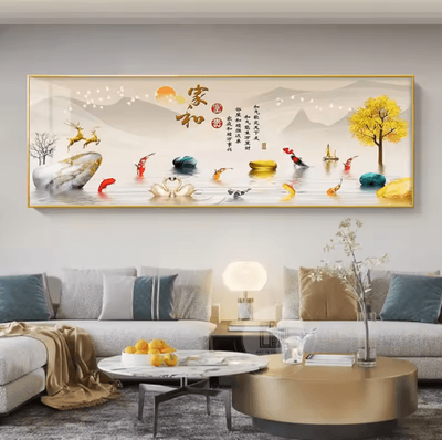 Inspire Picks Chinese Style Golden Deer Canvas Wall Art Feng Shui Mountain Poster Decor 14 50x150cm No Frame