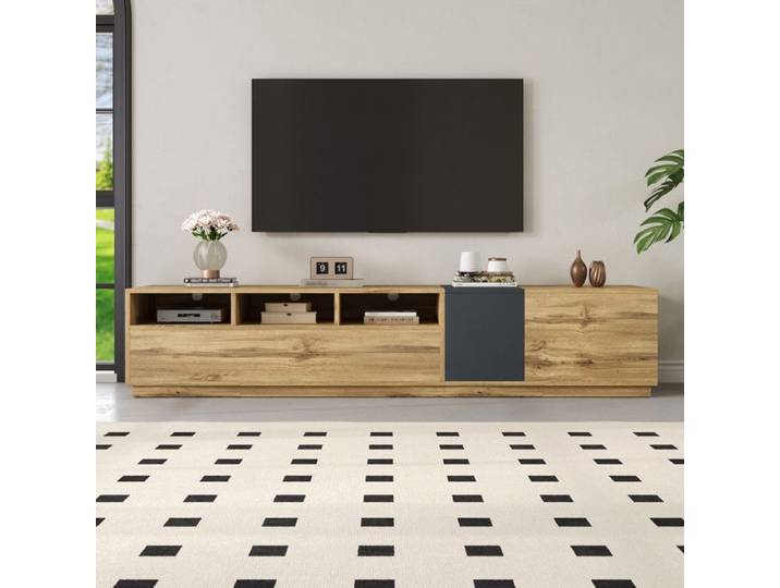 URBAN MEUBLE Meuble TV effet bois design asymétrique 3 portes et gris