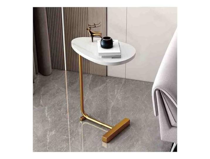 JIiopCFegh Eleganter ovaler Beistelltisch aus Holz und Metall, Nachttisch(Flat Type,White Gold Legs)