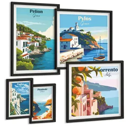 BILDER SET 5er Set - 50x50 cm & 20x30 cm & 40x60 cm Schwarzer Rahmen - Farbenfrohe Illustrationen von Retro-Städten