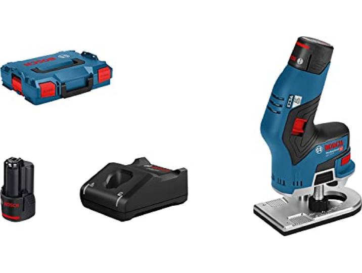 Bosch Professional 12V System Akku Kantenfräse GKF 12V-8 (inkl. 2x3.0Ah Akku + Schnellladegerät Spannzange 8mm Maulschlüssel in L-BOXX 136) 06016B0000