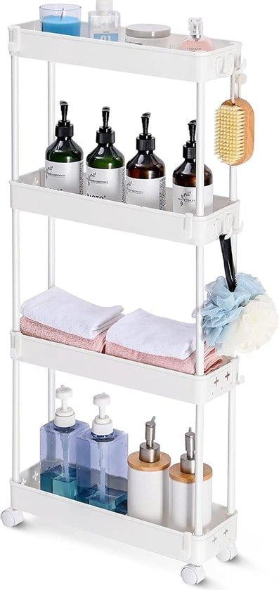 Moderne witte serveerwagen met wieltjes voor in de keuken, badkamer of slaapkamer