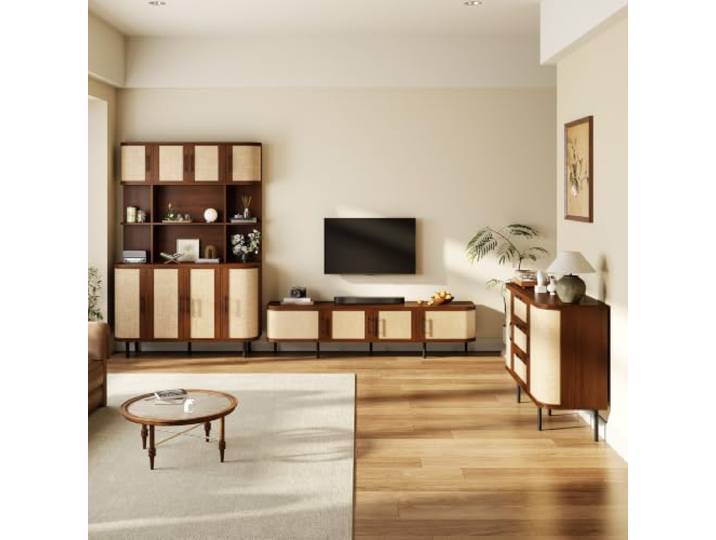 DUlVBPE Esszimmer Möbel Set mit TV Lowboard, Sideboard und Hochschrank, MDF Korpus, Geflechtfront, Schwarze Griffe und Metallfüße – modernes Wohnzimmer Set