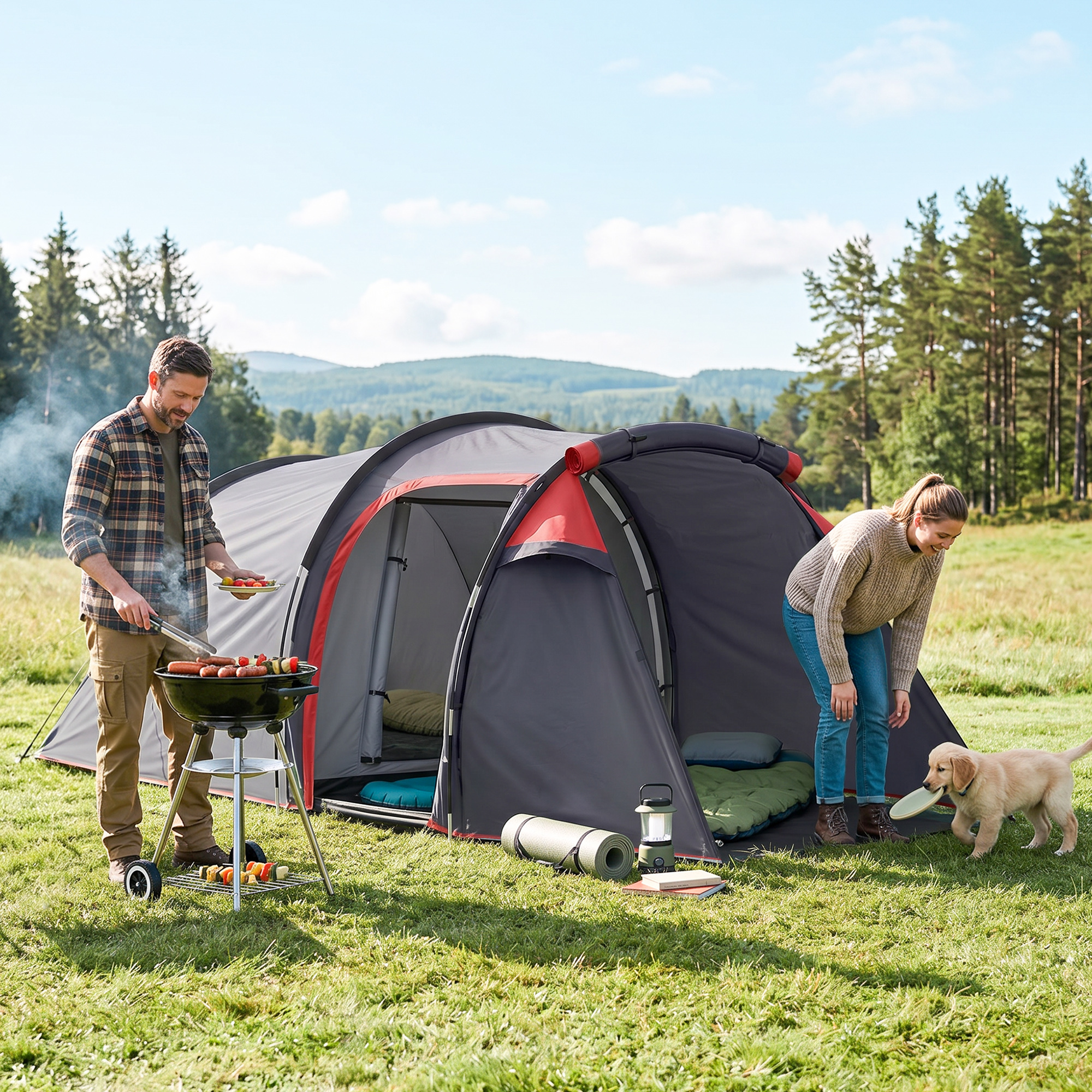 Outsunny Tenda da Campeggio 2 Posti con Vestibolo e Porte con Cerniera, 426x206x154cm Grigio Aosom