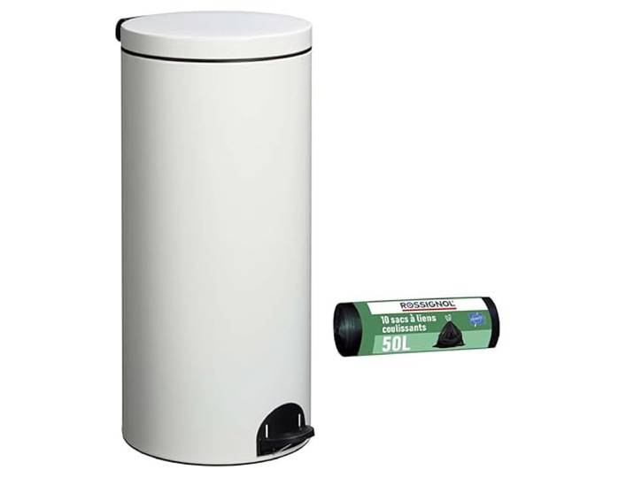 ROSSIGNOL Poubelle de cuisine à pédale et 10 sacs-poubelle\, Capacité 30L\, Fabrication française\, Seau intérieur amovible avec anse\, Pratique ELORA