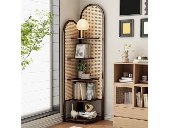 Dexinhdh 5-stöckiges Eckregal Aus Rattan, Mehrstöckiger Eck-Organizer Für Das Wohnzimmer, Bambus Kombiniert Mit Rattan, Großzügige Arbeitsfläche, Passt In Enge Räume(B)