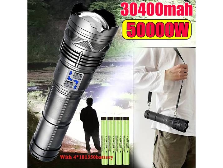 Lampe torche à LED laser blanche 50000W, rechargeable par USB, avec zoom, batterie 30400mah, lanterne d'urgence, extérieure, 10000M