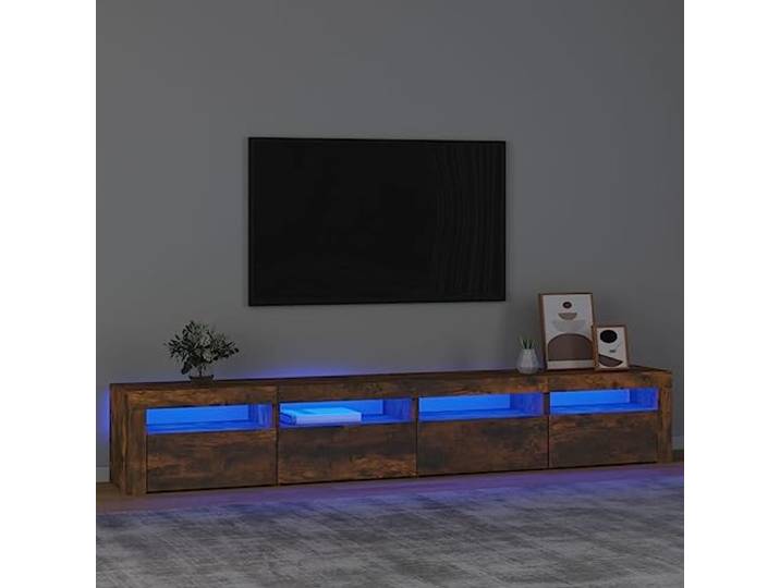 TV-Schrank 240x35x40cm mit RGB LED Beleuchtung, Raucheiche, Möbel aus Holzwerkstoff mit Stauraum und Präsentationsplatte.