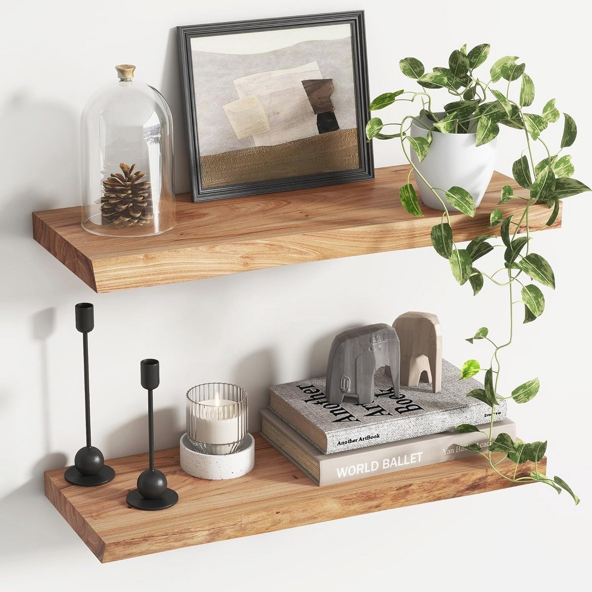 Set van 2 rustieke zwevende planken van iepenhout met onzichtbare beugels voor woonkamer, slaapkamer, keuken of badkamer