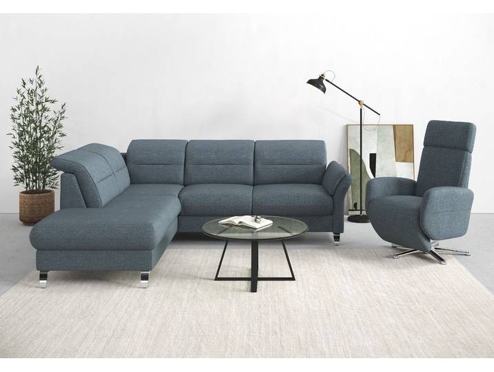 Ecksofa, Blau/Grau, 247x222 cm, Struktur, Mit Bettfunktion, Modern, sit&more