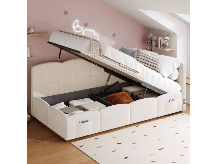 Lit banquette 90x200 en velours avec coffre hydraulique USB et rangement