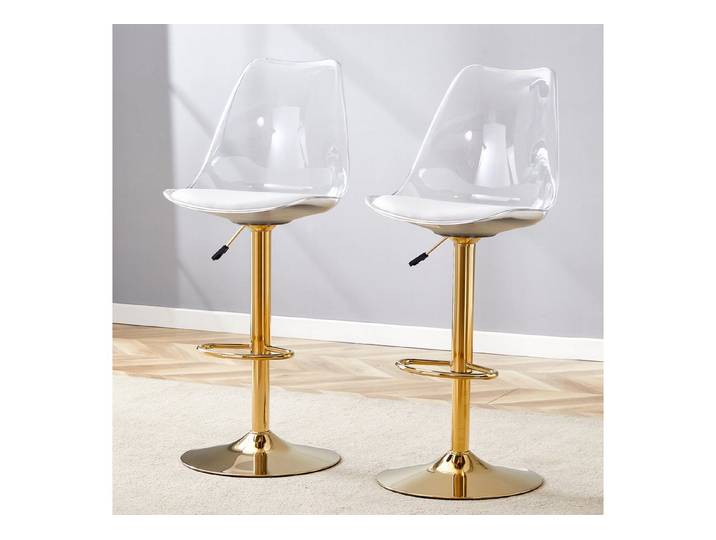 Fine Life Pro Barhocker 2 Barhocker verstellbar, transparent, PU-Sitz, goldene Beine, 360° drehbar, für Küchen und Bistros geeignet