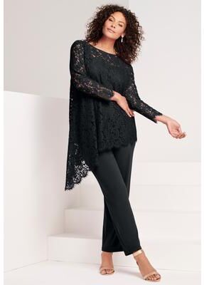 Plus Size Women's Extended Plus Size Asymmetrical Lace Pant Set -Long Sleeve Lace Scalloped Tunic & Elastic Waist Pant by Roaman's in Black (Size 40