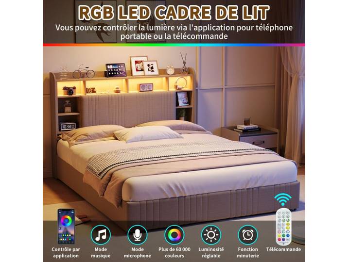 Lit Rembourré 160x200 - Lin Beige - 4 Tiroirs sur Roulettes - Tête de Lit Bibliothèque avec Chargeur USB/C - LED RGB - Sommier
