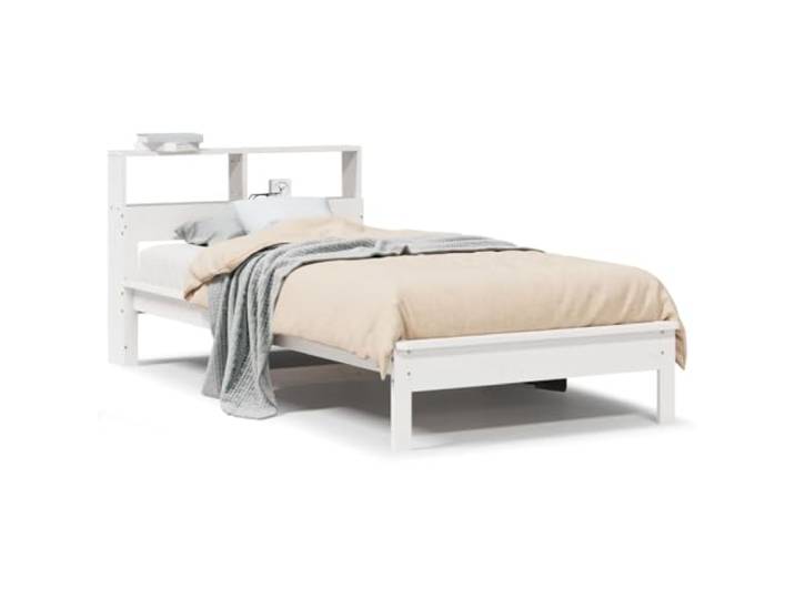 PUGYNBK Bett mit Regal 90 x 200 cm, Kiefernholz, Weiß Lattenrost, Kopfteil mit Aufbewahrung, stabile Beine, platzsparend