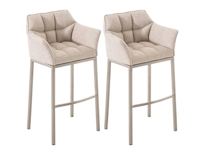 CLP Barhocker 2er Set Stoff Elfenbein, Creme, Edelstahlfarben, Metall, 64x110x48 cm, Esszimmer, Barmöbel, Barhocker