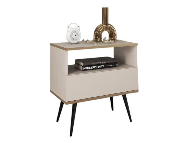 Compleo Nachttisch mit Schublade, Glamour Stil Möbel POLO, Beige/Schwarz/Weiß