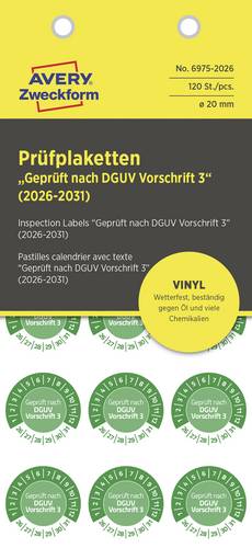 Avery-Zweckform 6975-2026 Prüfplakette Geprüft nach DGUV Vorschrift 3 Grün Folie selbstklebend (Ø) 20mm 20mm DGUV 120St.