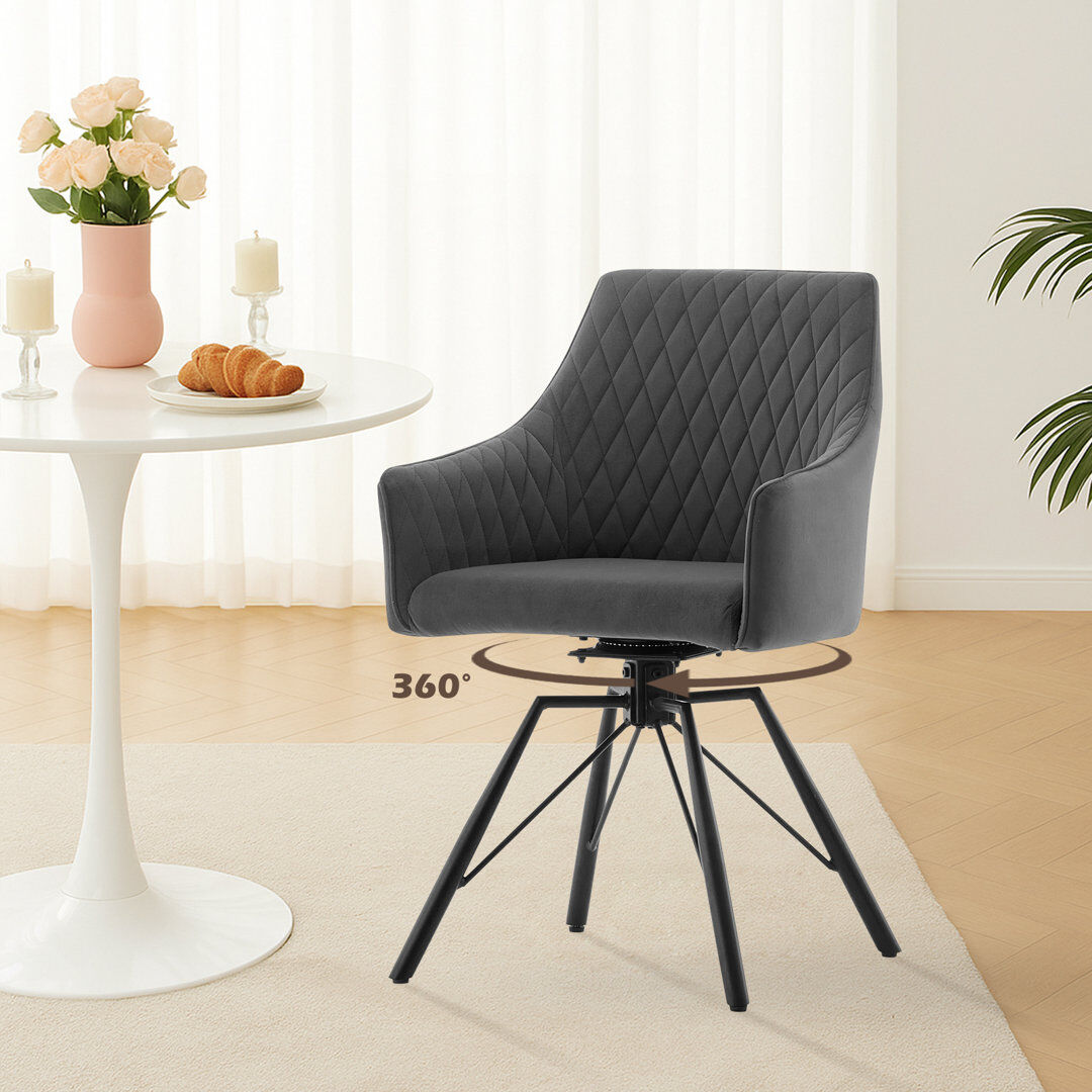 George Oliver Set Of 2 Velvet Swivel Dining Chairs With Arms, 360° Rotatable Upholstered Accent Chairs With Metal Legs Grey 86cm H X 55cm W X 54cm D