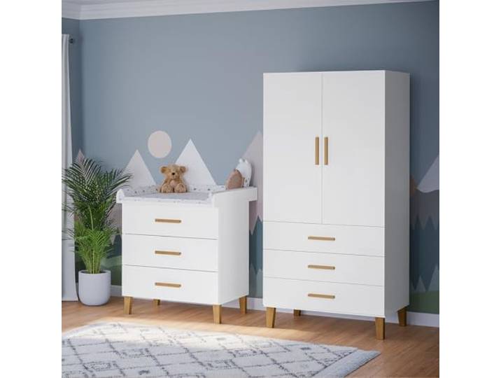Bellabino Liri Babyzimmer Set 2-teilig, Weiß/Natur, Schrank & Wickelkommode Babyzimmer Set mit Kinderkleiderschrank & Wickeltisch, Wickelkommode mit abnehmbarem Wickelaufsatz, Möbel für Kinderzimmer