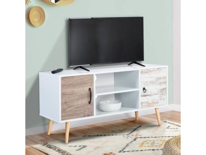 ID MARKET meuble tv BAHIA 2 portes 113 cm blanc à poser