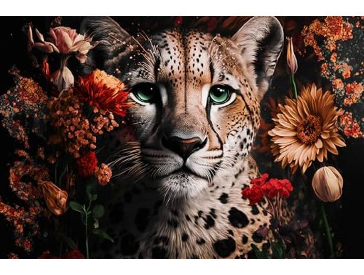 STYLER Glasbild Leo & Flowers 80 x 120 cm I Wandbild aus Glas modern für Wohnzimmer Schlafzimmer Büro Flur I groß XXL ausgefallen Leopard Blumen rot
