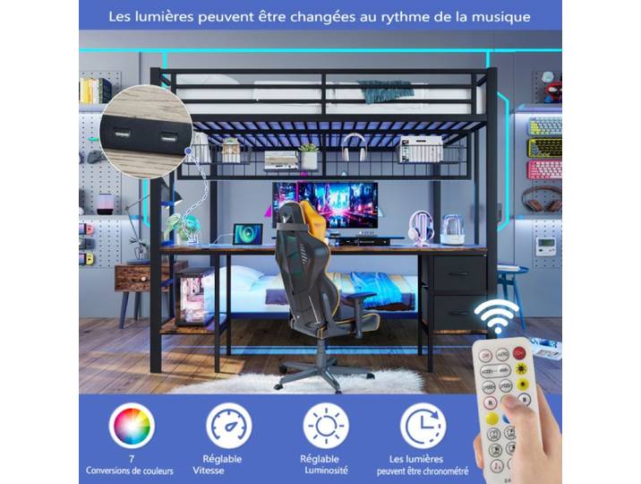 Lit mezzanine - LANGTU - 140x200/90x200 - LED 7 couleurs - Port USB - Tiroirs & bureau intégré