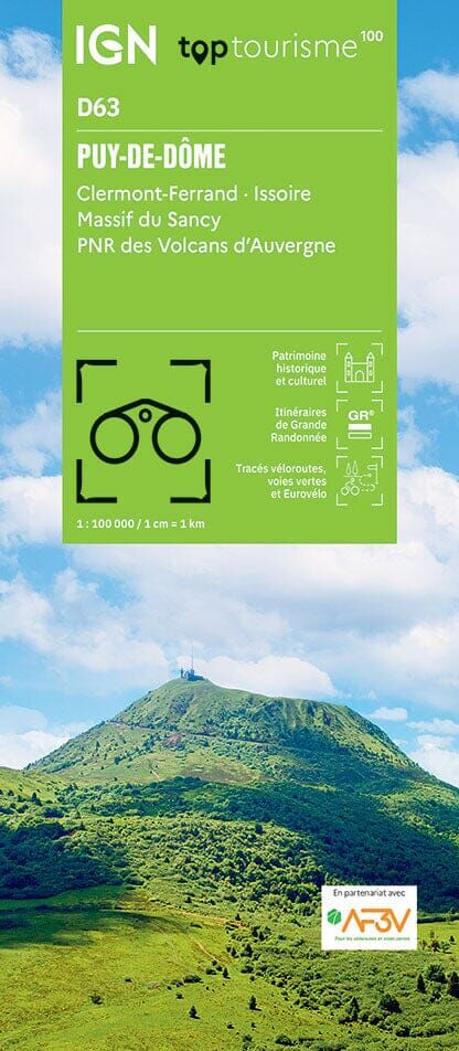 Carte touristique TOP 100 D63 - Puy-De-Dôme : Clermont-Ferrand, Issoire, Massif du Sancy, PNR des Volcans d'Auvergne   IGN